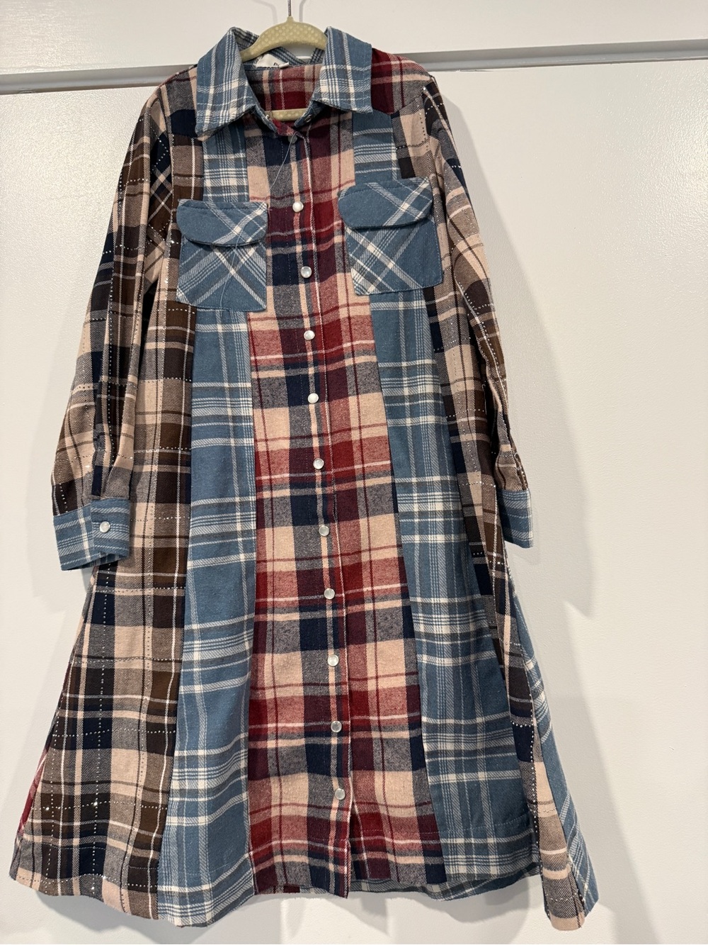 Porter plaid girls button down dress with sparkles on sleeves and sides